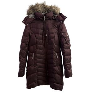 Eddie Bauer Women Premium Down Puffer Coat Size Small Dark Purple Faux Fur Hood
